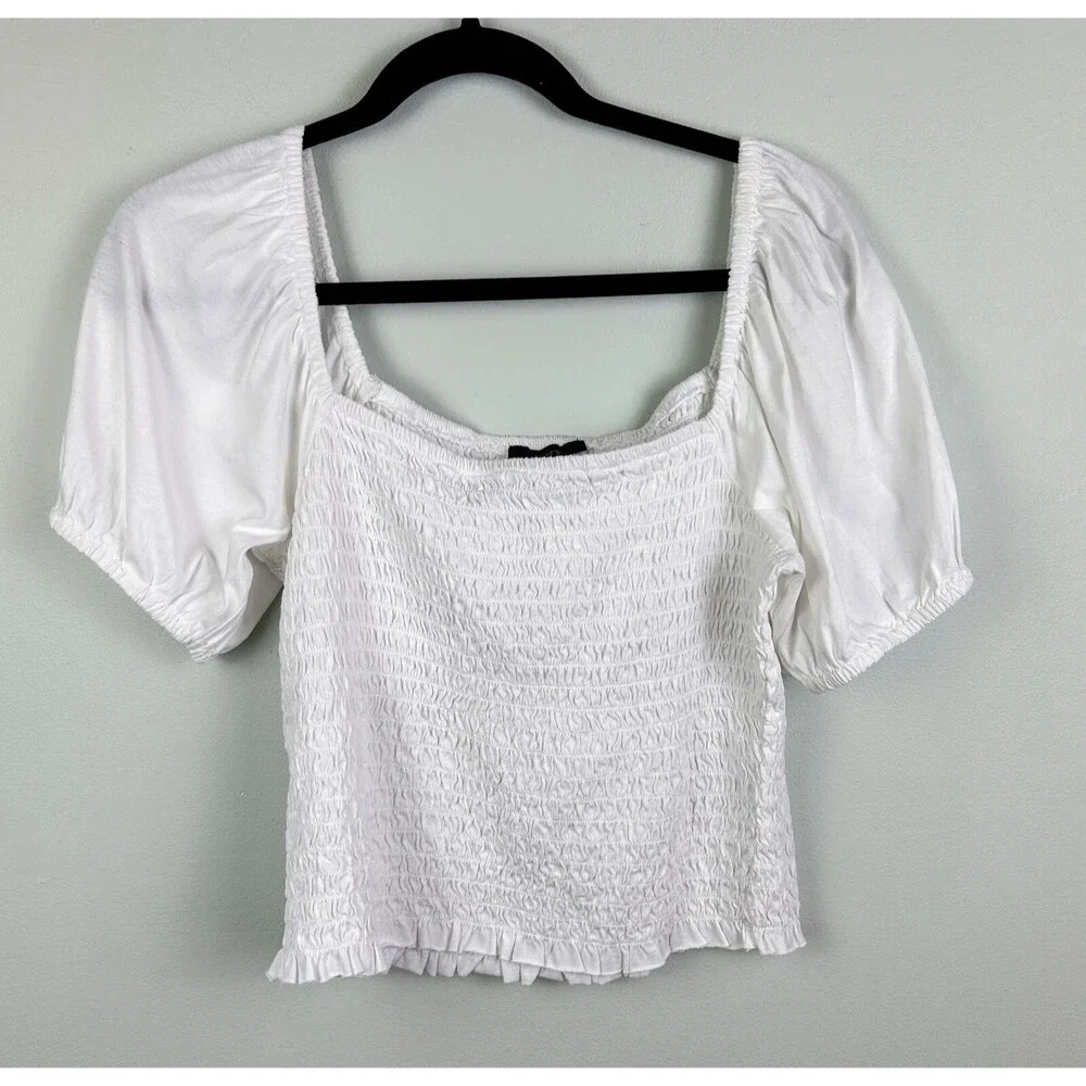 NWT J.CREW Smocked Broken-in Jersey Cropped Top Puff Sleeve Cotton Shirt White M